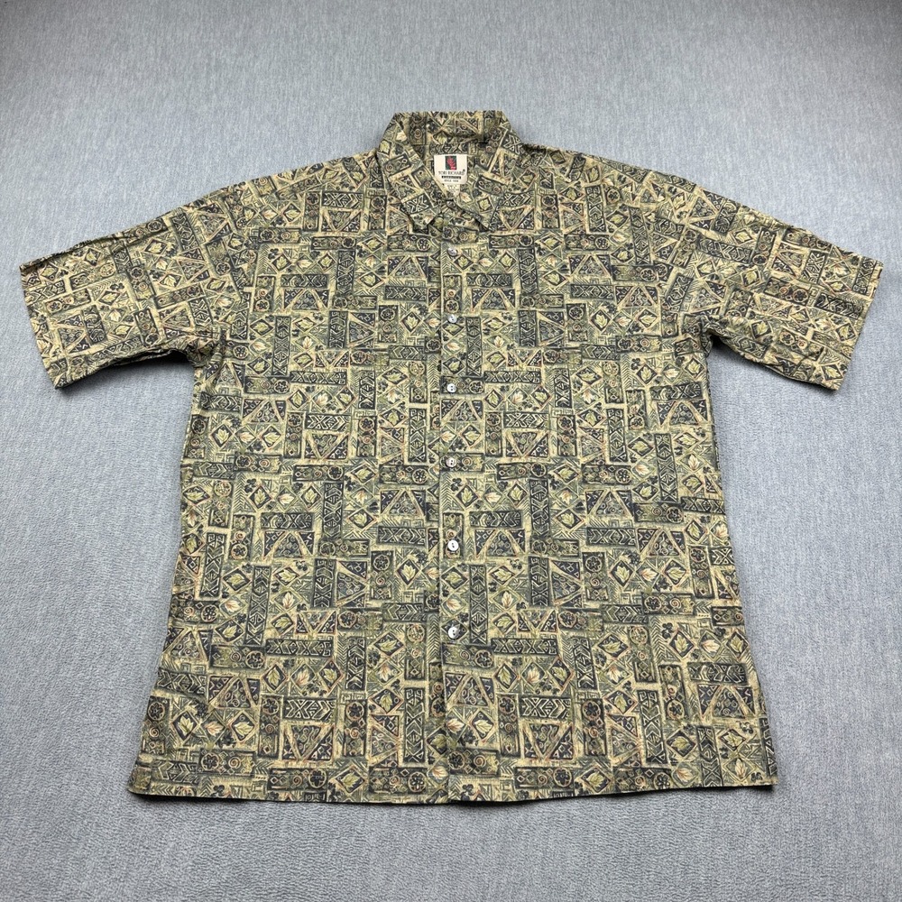 Vintage Tori Richard Shirt Men Medium Green Geometric Hawaiian Aloha Made In USA
